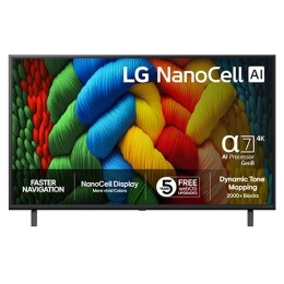 NanoCell TV sett forfra, LG NanoCell AI-logo øverst i hjørnet. LG NanoCell NANO80-TV-en viser fargerike, malerilignende teksturer som smelter sammen.2