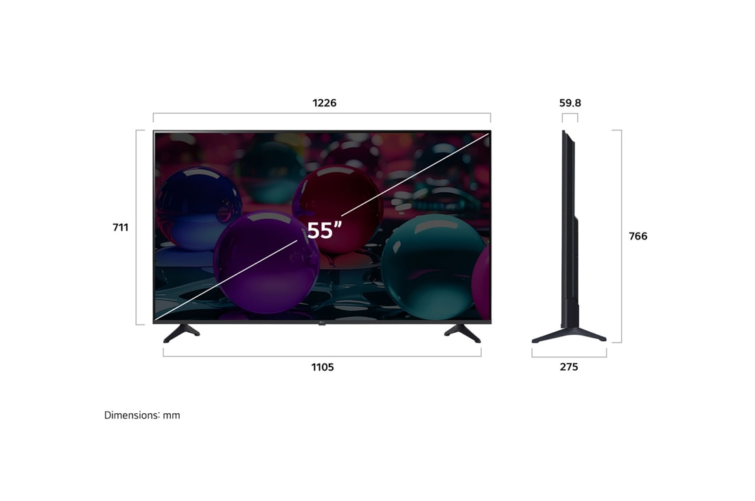 LG 55'' UHD AI UA73 4K Smart TV 2025, Visning forfra og fra siden av LG UHD AI UA75 4K Smart TV, som viser lengde-, bredde-, høyde- og dybdemålene., 55UA73006LA, thumbnail 4