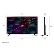 LG 55'' UHD AI UA73 4K Smart TV 2025, Visning forfra og fra siden av LG UHD AI UA75 4K Smart TV, som viser lengde-, bredde-, høyde- og dybdemålene., 55UA73006LA, thumbnail 4