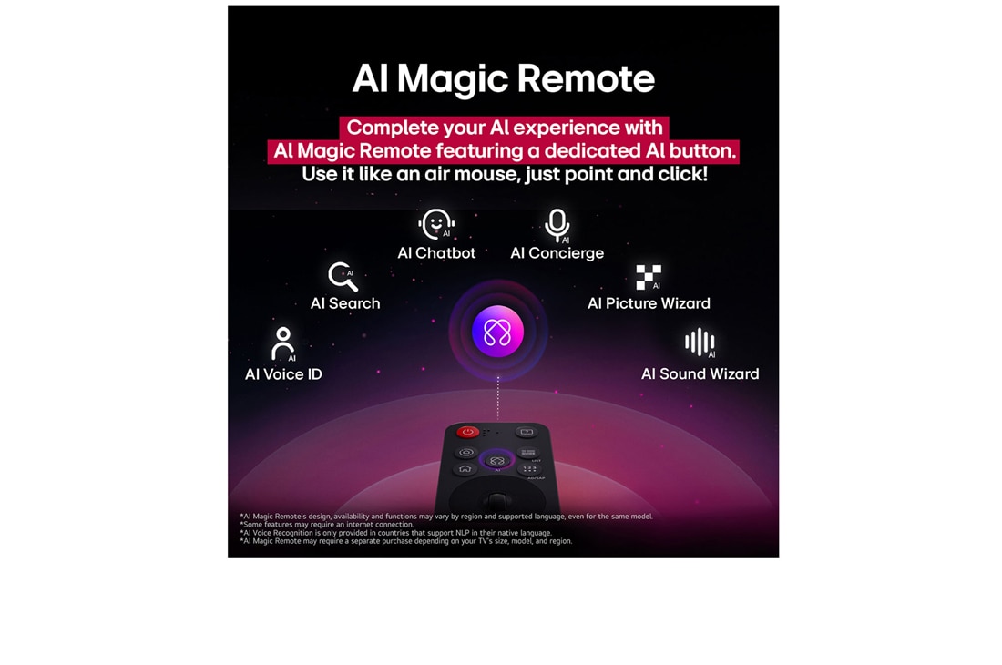 LG 50'' UHD AI UA73 4K Smart TV 2025, LG AI Magic Remote foran en LG TV-skjerm. På skjermen vises en personlig hilsen fra LG AI med tilpassede nøkkelord basert på brukerens søke- og seerhistorikk. Ved siden av fjernkontrollen er et ikon o, 50UA73006LA, thumbnail 12