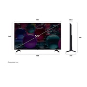 LG 50'' UHD AI UA73 4K Smart TV 2025, Visning forfra og fra siden av LG UHD AI UA75 4K Smart TV, som viser lengde-, bredde-, høyde- og dybdemålene., 50UA73006LA, thumbnail 4