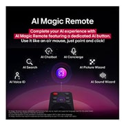 LG 50'' UHD AI UA73 4K Smart TV 2025, LG AI Magic Remote foran en LG TV-skjerm. På skjermen vises en personlig hilsen fra LG AI med tilpassede nøkkelord basert på brukerens søke- og seerhistorikk. Ved siden av fjernkontrollen er et ikon o, 50UA73006LA, thumbnail 12