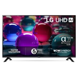 Visning forfra av UHD UA75 TV, LG UHD AI-logo øverst i hjørnet. LG UHD TV viser fargerike, maleriske teksturer som smelter sammen.