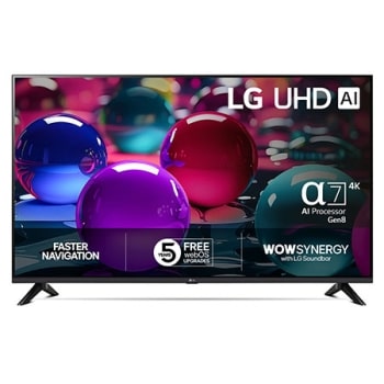 Visning forfra av UHD UA75 TV, LG UHD AI-logo øverst i hjørnet. LG UHD TV viser fargerike, maleriske teksturer som smelter sammen.