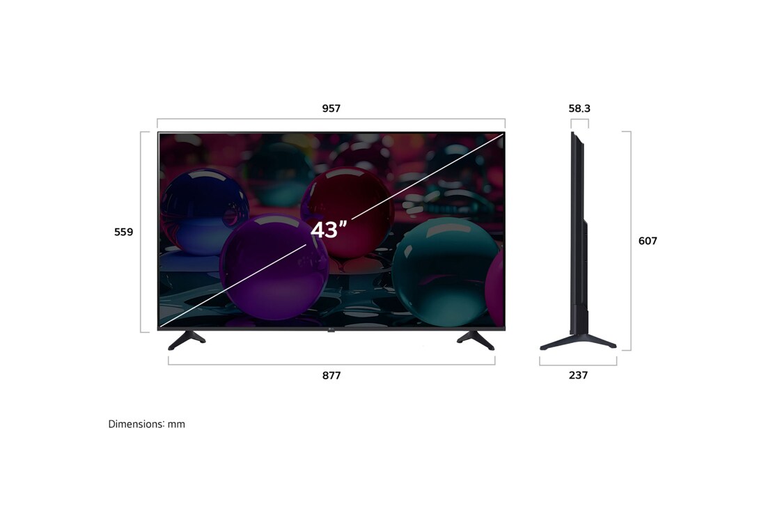 LG 43'' UHD AI UA73 4K Smart TV 2025, Visning forfra og fra siden av LG UHD AI UA75 4K Smart TV, som viser lengde-, bredde-, høyde- og dybdemålene., 43UA73006LA, thumbnail 4