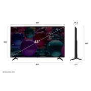 LG 43'' UHD AI UA73 4K Smart TV 2025, Visning forfra og fra siden av LG UHD AI UA75 4K Smart TV, som viser lengde-, bredde-, høyde- og dybdemålene., 43UA73006LA, thumbnail 4