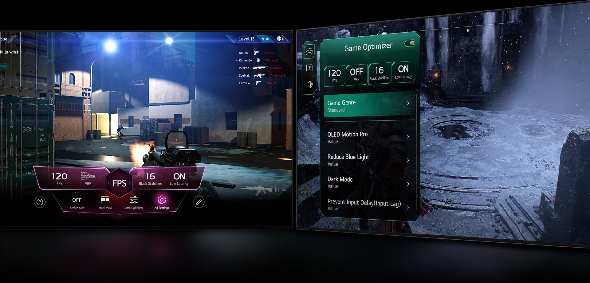 En FPS-spillscene med Game Dashboard som vises over skjermen under spilling. En mørk, vinterlig scene med Game Optimizer-menyen som vises over spillet. 