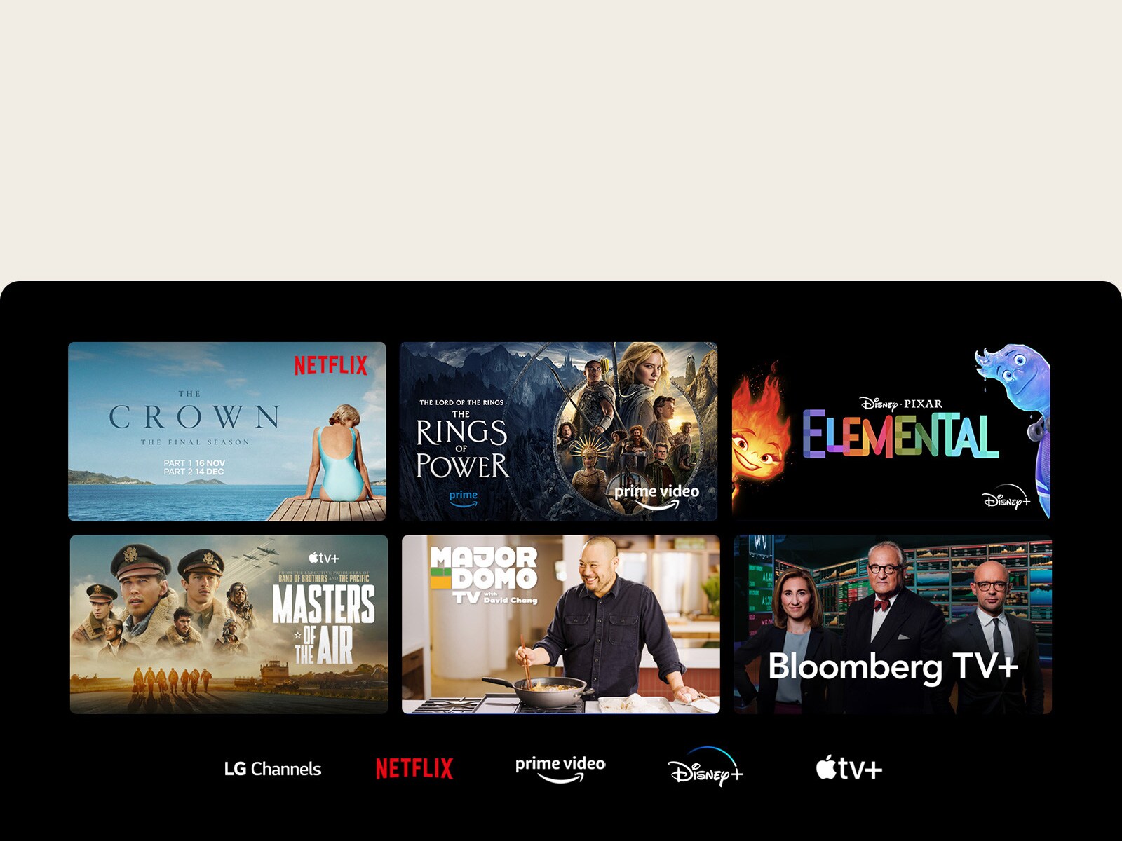 Seks miniatyrbilder av filmer og TV-serier vises, og logoene til LG Channels, Netflix, Prime Video, Disney+ og Apple TV+ er nedenfor.