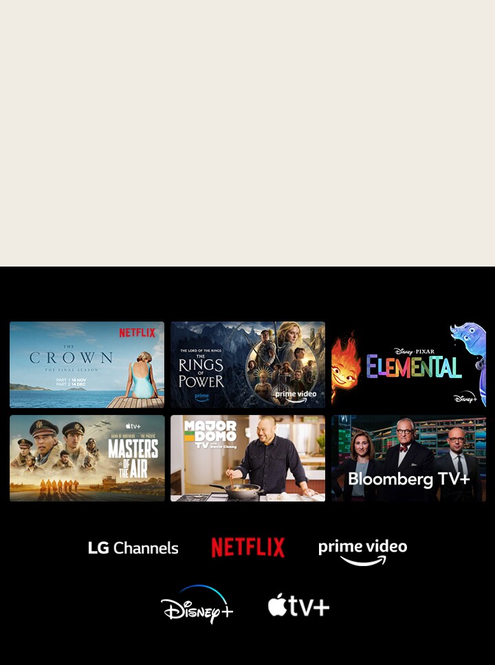 Seks miniatyrbilder av filmer og TV-serier vises, og logoene til LG Channels, Netflix, Prime Video, Disney+ og Apple TV+ er nedenfor.