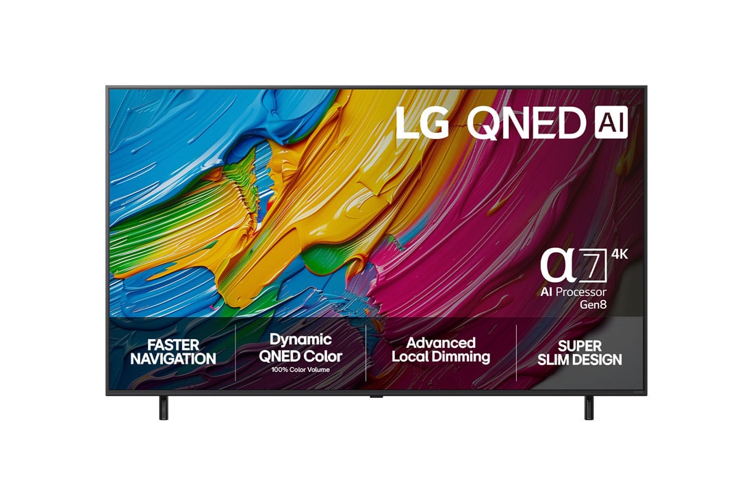 LG 86-tommers LG QNED AI QNED80 4K Smart TV 2025, Visning forfra av LG QNED80 TV, LG QNED AI-logo i øverste hjørne. LG QNED TV viser fargerike, malerilignende teksturer som smelter sammen., 86QNED80A6A