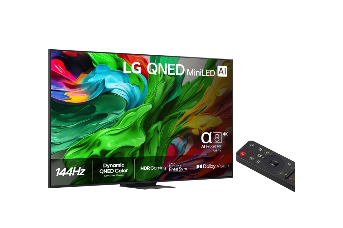 LG 100'' QNED MiniLED AI QNED86 4K Smart TV 2025, Visning forfra av LG QNED evo QNED92 TV, LG QNED evo AI-logo i øvre hjørne. LG QNED evo QNED92 TV viser fargerike, malerilignende teksturer som smelter sammen., 100QNED86A6, thumbnail 2