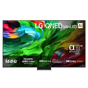 Visning forfra av LG QNED evo QNED85 TV, LG QNED evo Al Logo øverst i hjørnet. LG QNED evo QNED85 TV viser fargerike maleteksturer som kommer sammen.1