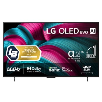 Visning forfra av LG OLED evo AI C5 4K Smart TV. 12 år som nummer én OLED-emblem og LG OLED evo AI 2025 logoer ses på skjermen.1