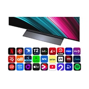 LG 48'' OLED evo AI C5 4K Smart TV 2025, Visning forfra og sidevisning av LG OLED evo AI C5 4K Smart TV som viser lengde, bredde, høyde og dybde., OLED48C54LA, thumbnail 5