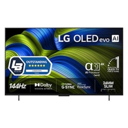 Visning forfra av LG OLED evo AI C5E 4K Smart TV. 12 år som nummer én OLED-emblem og LG OLED evo AI 2025 logoer ses på skjermen.2