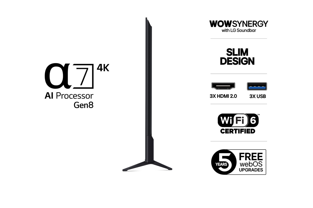 LG 86'' UHD AI UA75 4K Smart TV 2025, Lett vinklet sidevisning mot venstre av LG UHD UA75 TV., 86UA75006LA, thumbnail 3