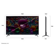LG 86'' UHD AI UA75 4K Smart TV 2025, Visning forfra og fra siden av LG UHD AI UA75 4K Smart TV, som viser lengde-, bredde-, høyde- og dybdemålene., 86UA75006LA, thumbnail 4