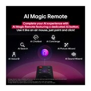 LG 86'' UHD AI UA75 4K Smart TV 2025, LG AI Magic Remote foran en LG TV-skjerm. På skjermen vises en personlig hilsen fra LG AI med tilpassede nøkkelord basert på brukerens søke- og seerhistorikk. Ved siden av fjernkontrollen er et ikon o, 86UA75006LA, thumbnail 12