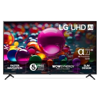 Visning forfra av UHD UA75 TV, LG UHD AI-logo øverst i hjørnet. LG UHD TV viser fargerike, maleriske teksturer som smelter sammen.1