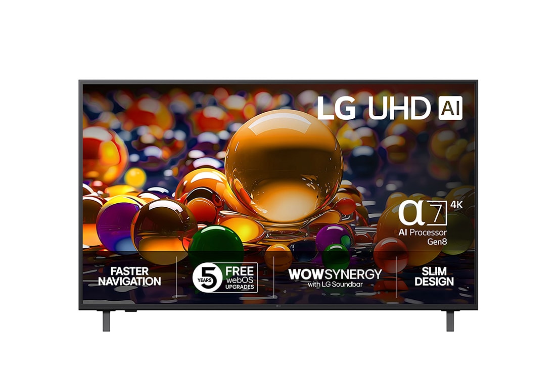 LG 50-tommers LG UHD AI UA74 4K Smart TV 2025, Visning forfra av UHD UA74 TV, LG UHD AI-logo øverst i hjørnet. LG UHD TV viser fargerike, maleriske teksturer som smelter sammen., 50UA74006LB