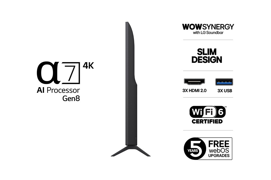 LG 50'' UHD AI UA74 4K Smart TV 2025, Lett vinklet sidevisning mot venstre av LG UHD UA74 TV., 50UA74006LB, thumbnail 3