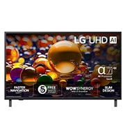 LG 43'' UHD AI UA74 4K Smart TV 2025, Visning forfra av UHD UA74 TV, LG UHD AI-logo øverst i hjørnet. LG UHD TV viser fargerike, maleriske teksturer som smelter sammen., 43UA74006LB, thumbnail 1