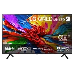 Visning forfra av LG QNED evo QNED92 TV, LG QNED evo Al-logo i øverste hjørne. LG QNED evo QNED92 TV viser fargerike maleteksturer som kommer sammen.2