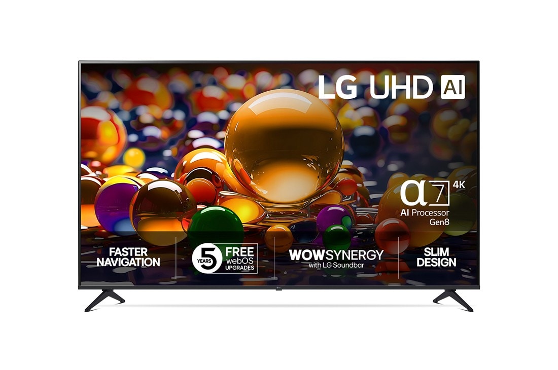 LG 86-tommers LG UHD AI UA74 4K Smart TV 2025, Visning forfra av UHD UA74 TV, LG UHD AI-logo øverst i hjørnet. LG UHD TV viser fargerike, maleriske teksturer som smelter sammen., 86UA74006LB