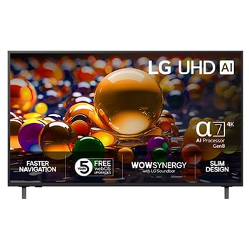 LG 65'' UHD AI UA74 4K Smart TV 2025, Visning forfra av UHD UA74 TV, LG UHD AI-logo øverst i hjørnet. LG UHD TV viser fargerike, maleriske teksturer som smelter sammen., 65UA74006LB, thumbnail 1