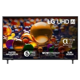 Visning forfra av UHD UA74 TV, LG UHD AI-logo øverst i hjørnet. LG UHD TV viser fargerike, maleriske teksturer som smelter sammen.2