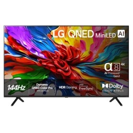 Visning forfra av LG QNED evo QNED92 TV, LG QNED evo Al-logo i øverste hjørne. LG QNED evo QNED92 TV viser fargerike maleteksturer som kommer sammen.2