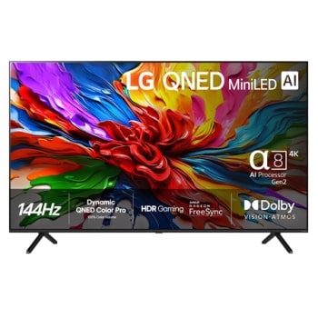 Visning forfra av LG QNED evo QNED92 TV, LG QNED evo Al-logo i øverste hjørne. LG QNED evo QNED92 TV viser fargerike maleteksturer som kommer sammen.1