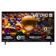 LG 55'' UHD AI UA74 4K Smart TV 2025, Visning forfra av UHD UA74 TV, LG UHD AI-logo øverst i hjørnet. LG UHD TV viser fargerike, maleriske teksturer som smelter sammen., 55UA74006LB, thumbnail 1