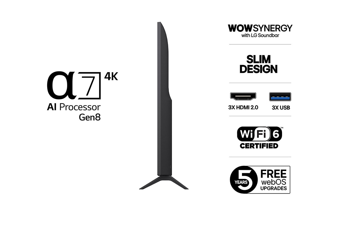 LG 55'' UHD AI UA74 4K Smart TV 2025, Lett vinklet sidevisning mot venstre av LG UHD UA74 TV., 55UA74006LB, thumbnail 3