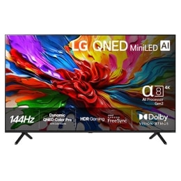 Visning forfra av LG QNED evo QNED92 TV, LG QNED evo Al-logo i øverste hjørne. LG QNED evo QNED92 TV viser fargerike maleteksturer som kommer sammen.2