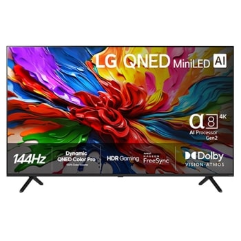 Visning forfra av LG QNED evo QNED92 TV, LG QNED evo Al-logo i øverste hjørne. LG QNED evo QNED92 TV viser fargerike maleteksturer som kommer sammen.1