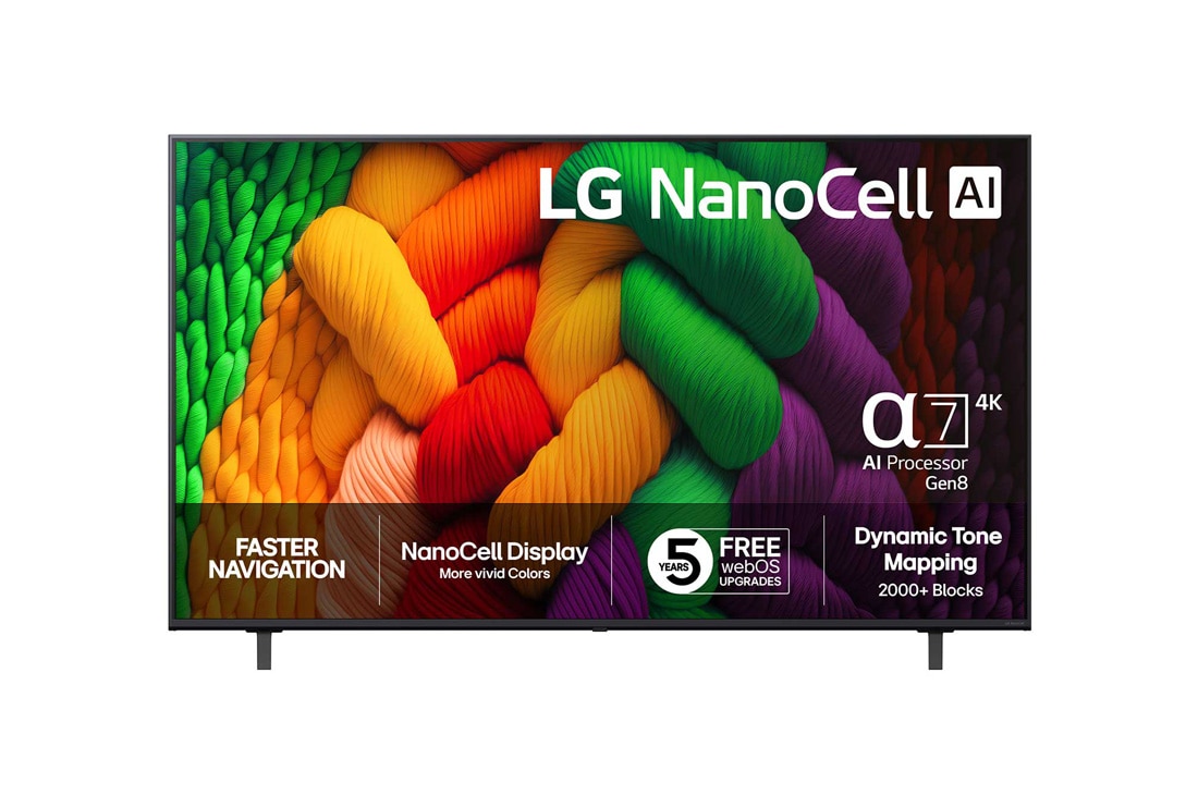 LG 65-tommers LG NanoCell AI NANO8E 4K Smart TV 2025, NanoCell TV sett forfra, LG NanoCell AI-logo øverst i hjørnet. LG NanoCell NANO80-TV-en viser fargerike, malerilignende teksturer som smelter sammen., 65NANO8EA6A