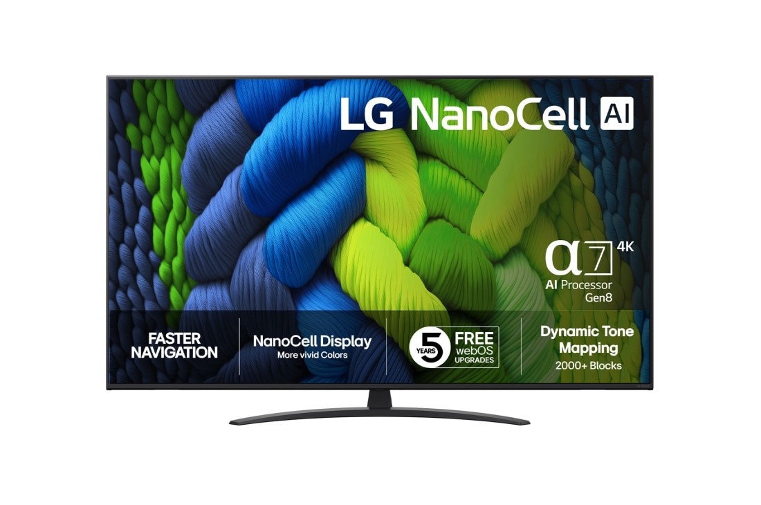 LG 65-tommers LG NanoCell AI NANO82 4K Smart TV 2025, NanoCell TV sett forfra, LG NanoCell AI-logo øverst i hjørnet. LG NanoCell NANO82-TV-en viser fargerike, malerilignende teksturer som smelter sammen., 65NANO82A6B
