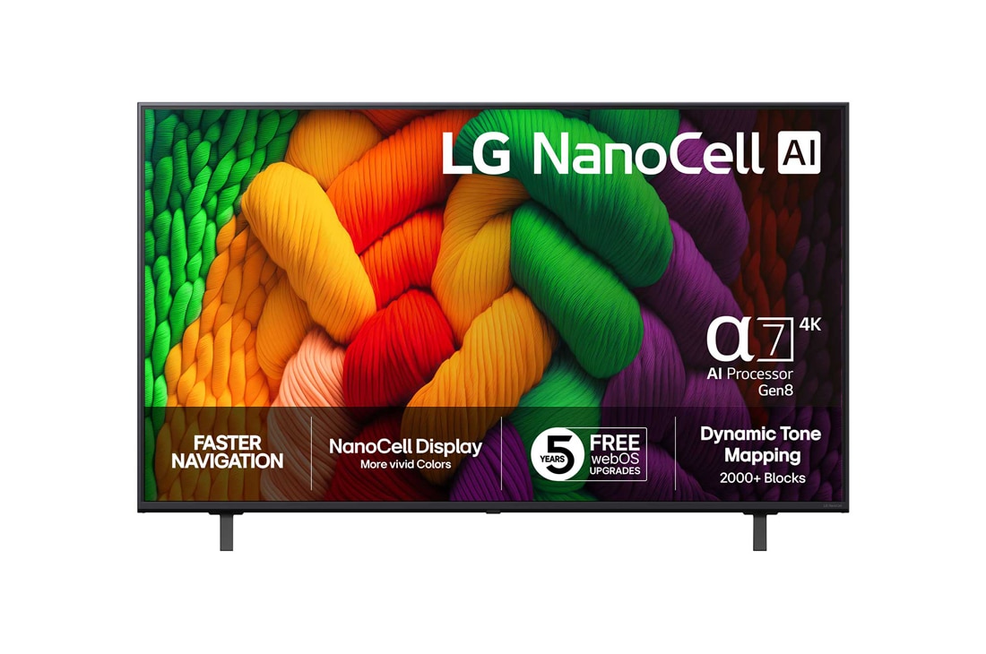 LG 55-tommers LG NanoCell AI NANO8E 4K Smart TV 2025, NanoCell TV sett forfra, LG NanoCell AI-logo øverst i hjørnet. LG NanoCell NANO80-TV-en viser fargerike, malerilignende teksturer som smelter sammen., 55NANO8EA6A