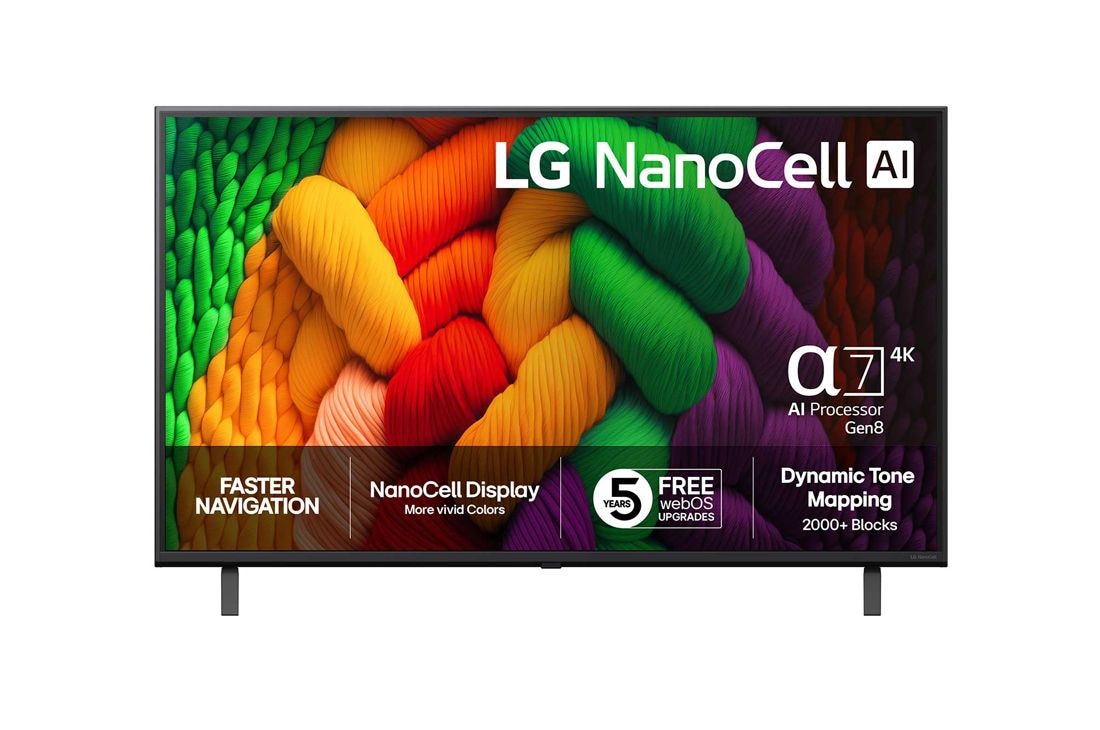 LG 43-tommers LG NanoCell AI NANO8E 4K Smart TV 2025, NanoCell TV sett forfra, LG NanoCell AI-logo øverst i hjørnet. LG NanoCell NANO80-TV-en viser fargerike, malerilignende teksturer som smelter sammen., 43NANO8EA6A