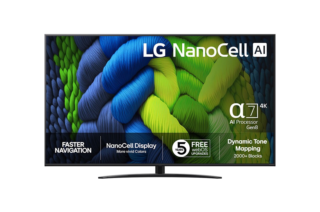 LG 75-tommers LG NanoCell AI NANO82 4K Smart TV 2025, NanoCell TV sett forfra, LG NanoCell AI-logo øverst i hjørnet. LG NanoCell NANO82-TV-en viser fargerike, malerilignende teksturer som smelter sammen., 75NANO82A6B