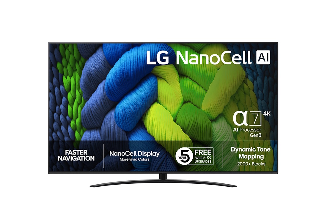 LG 86-tommers LG NanoCell AI NANO82 4K Smart TV 2025, NanoCell TV sett forfra, LG NanoCell AI-logo øverst i hjørnet. LG NanoCell NANO82-TV-en viser fargerike, malerilignende teksturer som smelter sammen., 86NANO82A6B