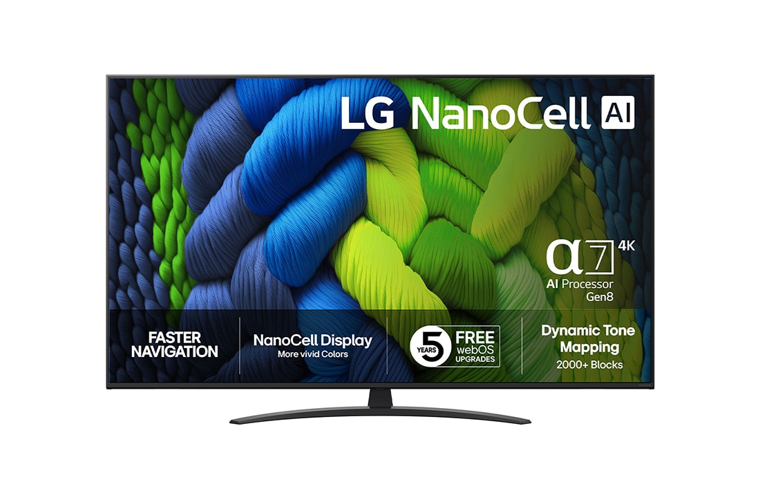 LG 50-tommers LG NanoCell AI NANO82 4K Smart TV 2025, NanoCell TV sett forfra, LG NanoCell AI-logo øverst i hjørnet. LG NanoCell NANO82-TV-en viser fargerike, malerilignende teksturer som smelter sammen., 50NANO82A6B