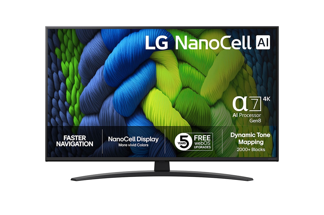 LG 43-tommers LG NanoCell AI NANO82 4K Smart TV 2025, NanoCell TV sett forfra, LG NanoCell AI-logo øverst i hjørnet. LG NanoCell NANO82-TV-en viser fargerike, malerilignende teksturer som smelter sammen., 43NANO82A6B