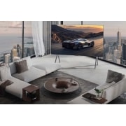 LG Ekte trådløs TV – 97-tommers LG SIGNATURE OLED M5 med 4K video- og lydoverføring, Stor stue med utsikt over byen. LG OLED TV på stativ. Ultra Slim Design gjør at skjermen føles fordypende.  Zero Connect Box vises, men er skjult. , OLED97M59LA, thumbnail 15