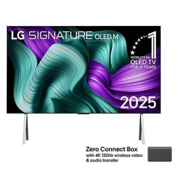 Prikaz sa prednje strane LG OLED M5 TV-a. 12 godina na 1. mestu u svetu, OLED amblem i logotip LG OLED evo AI 2025 su na ekranu. U uglu je Zero Connect Box s naslovom, Zero Connect Box s 4K 144Hz beži2
