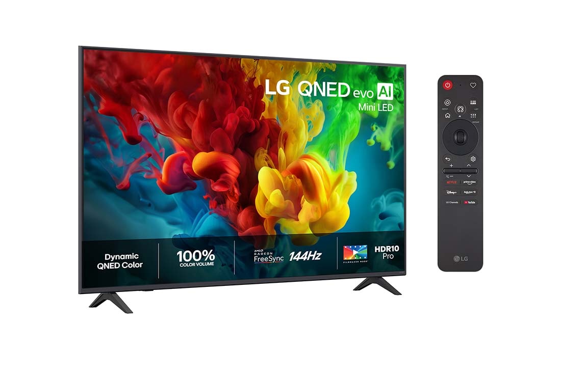 LG 55'' QNED evo MiniLED QNED82 4K AI TV - 2026, LG QNED evo AI QNED82 Mini LED vist forfra og fra siden har en 55-tommers skjerm med en bredde på 1236 mm, en høyde på 718 mm, en høyde på 780 mm med stativ, en profildybde på 67,9 mm og et stativ som, 55QNED82B6B, thumbnail 2