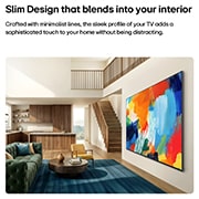 LG 55'' QNED evo MiniLED QNED82 4K AI TV - 2026, LG QNED evo AI QNED82 Mini LED med slank design er veggmontert i et lyst, åpent oppholdsrom, med en elegant profil som smelter sømløst inn i interiøret mens den viser et dristig, fargerikt abstrakt ku, 55QNED82B6B, thumbnail 12