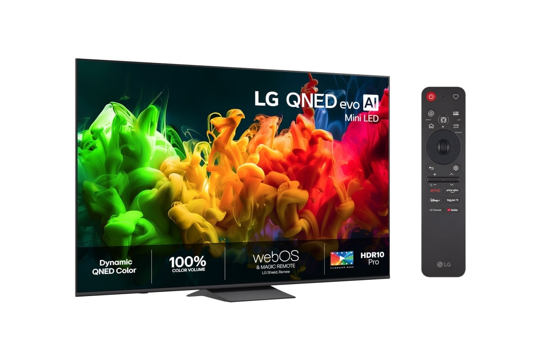 LG 85'' QNED evo MiniLED QNED81 4K AI TV - 2026, LG QNED evo AI QNED80 Mini LED vist forfra og fra siden har en 85-tommers skjerm med en bredde på 1889 mm, en høyde på 1087 mm, en høyde på 1149 mm med stativ, en profildybde på 67 mm og et stativ som, 85QNED81B6A, thumbnail 2