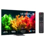 LG 85'' QNED evo MiniLED QNED81 4K AI TV - 2026, LG QNED evo AI QNED80 Mini LED vist forfra og fra siden har en 85-tommers skjerm med en bredde på 1889 mm, en høyde på 1087 mm, en høyde på 1149 mm med stativ, en profildybde på 67 mm og et stativ som, 85QNED81B6A, thumbnail 2
